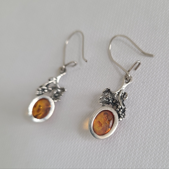 Vintage Sterling Silver Amber Cabochon Grapevine Leaf Boho Drop Dangle Earrings - Picture 4 of 5